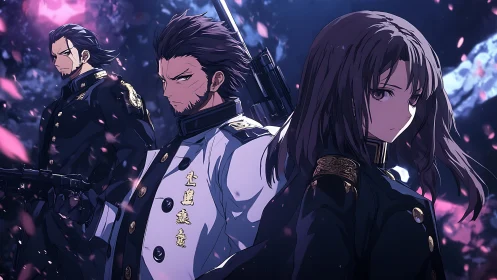 Three determined officers stand united beneath falling petals