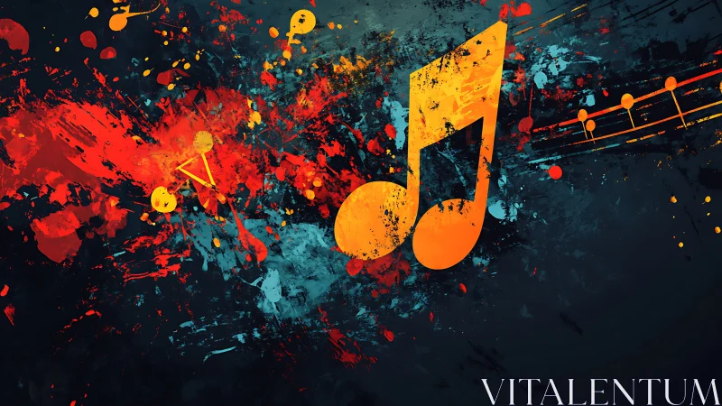 Bold orange music notes on chaotic abstract paint splash