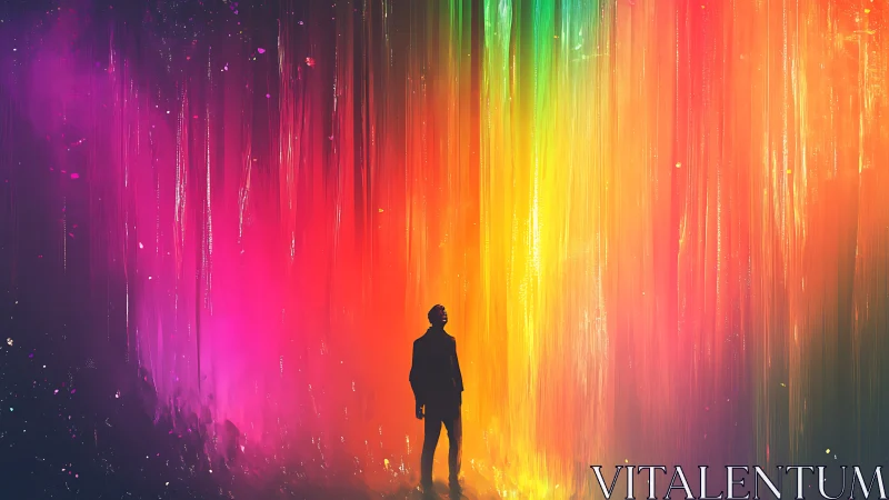 Silhouette before cascading neon aurora lightfall portal.