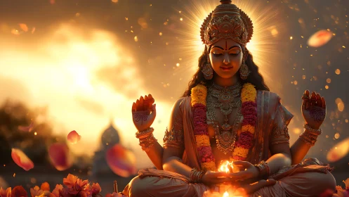 Radiant goddess in sunset bloom cradling sacred fire.