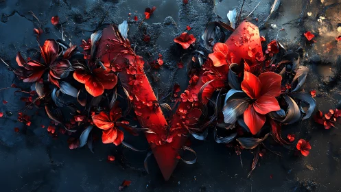 Crimson blossoms entwining a shattered red crystal core.