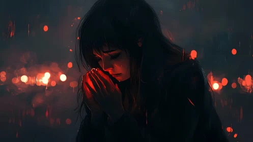 Low-key digital portrait isolates praying girl in red bokeh light