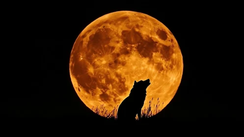 Silhouetted wolf howls against magnified orange full moon