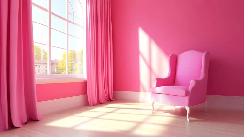 Sunlit pink reading corner glows in playful monochrome charm.