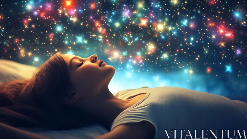 Woman resting in bed under vivid, colorful starry sky.