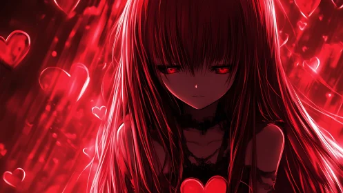 Red-lit anime girl stands amid glowing heart motifs