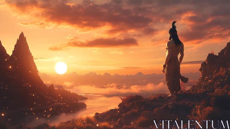 Warrior stands on cliff edge watching glowing sunset.