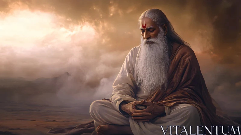 Elderly sage meditates in stormlit desert under glowing sky