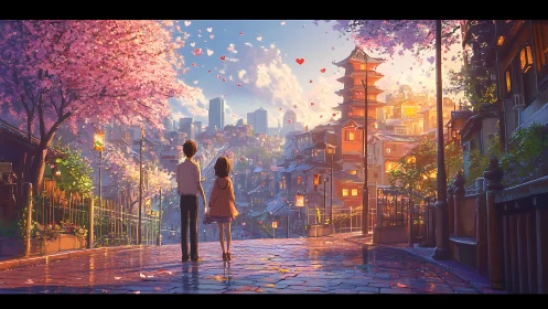 Twilight cityscape romance under blooming cherry blossoms.