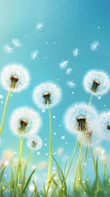 Dandelion seed heads and dispersing seeds under blue sky.