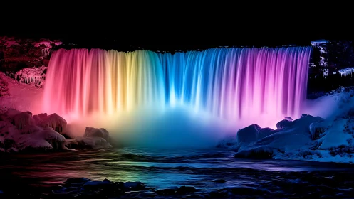 Iridescent winter waterfall under saturated neon lighting.