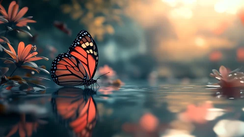 Monarch butterfly rests on reflective water at sunset.