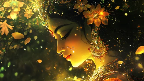 Side-profile portrait of ornate golden goddess figure