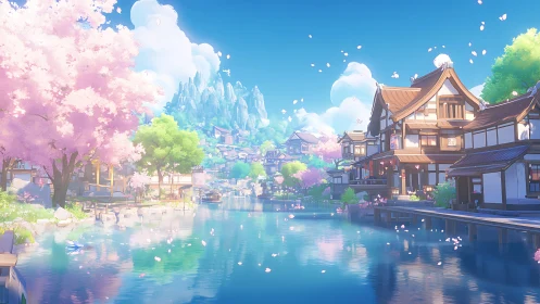 Spring riverside village under cherry blossoms in sunlight.