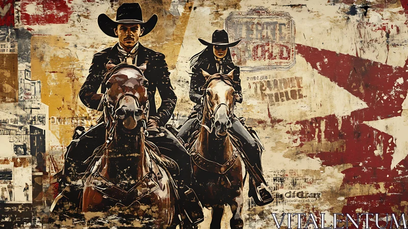 Two mounted figures in stylized western urban collage scene.