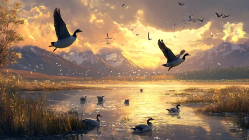 Migrating geese cross a reflective mountain lake at sunset