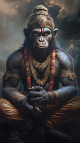 Mythic simian deity in ornate golden regalia at dusk.