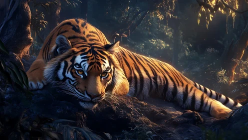 Low-angle jungle render shows resting tiger in rim-lit twilight