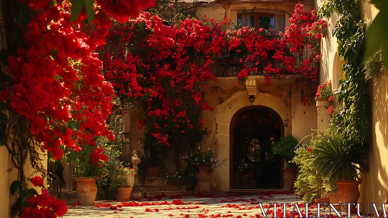 Mediterranean courtyard with dense red bougainvillea blooms.