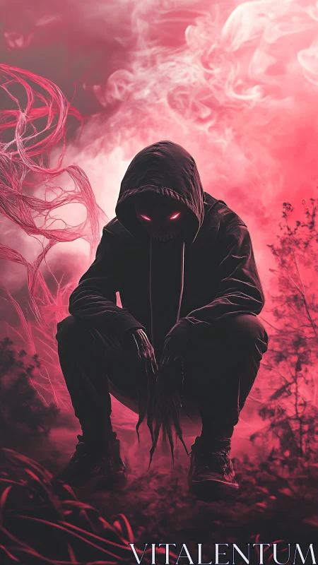 Hooded shadow demon crouching in red smoky forest night.