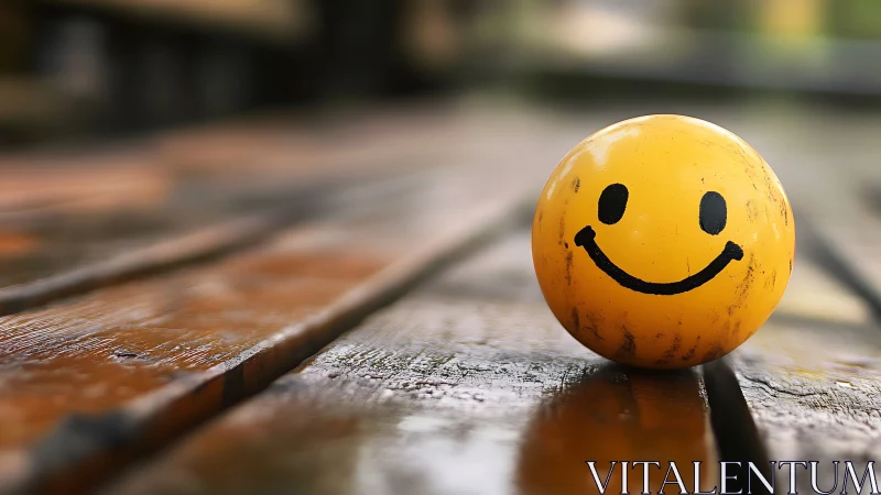 Smiley yellow ball rests on wet wooden bench slats.