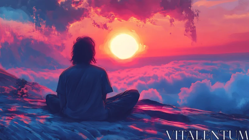 Silhouette on cliff watching vivid sunset over clouds.