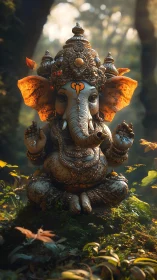 Ornate Ganesha idol illuminated in misty forest clearing.