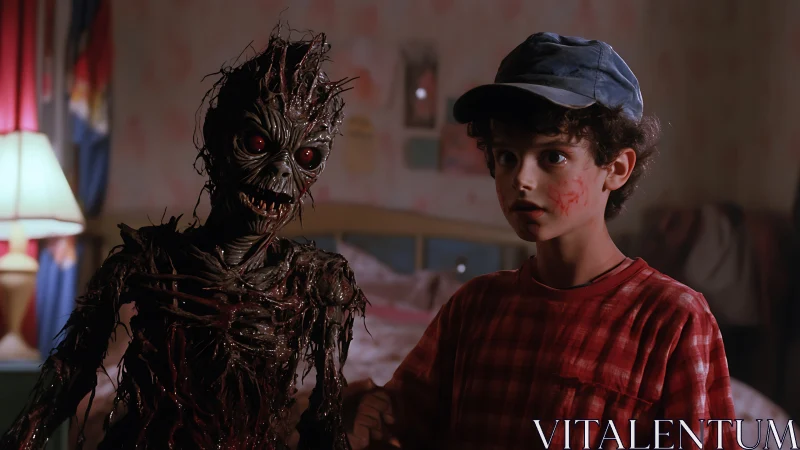 Practical effects horror creature beside shocked boy in bedroom