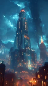 Neo-gothic megatower under stormlit cyberpunk skyline.