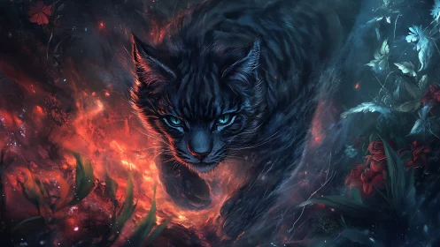 Mystic midnight cat walking through glowing forest embers.