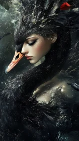 Human visage integrated with black swan form in dark water.