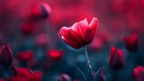 Red Tulip Glowing Against Dreamy Bokeh Background