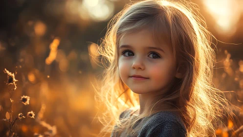 Young girl in golden hour sunlight with field background.