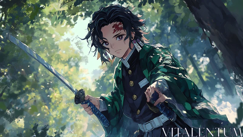 Sword-wielding warrior in dappled forest light illustration.