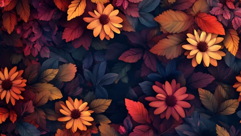 Orange daisies over layered autumn leaves pattern.