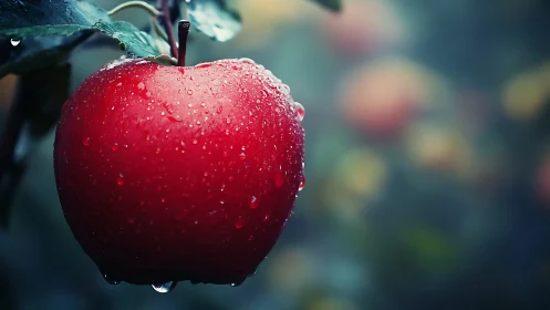 Rain-soaked red apple in shallow depth-of-field orchard study