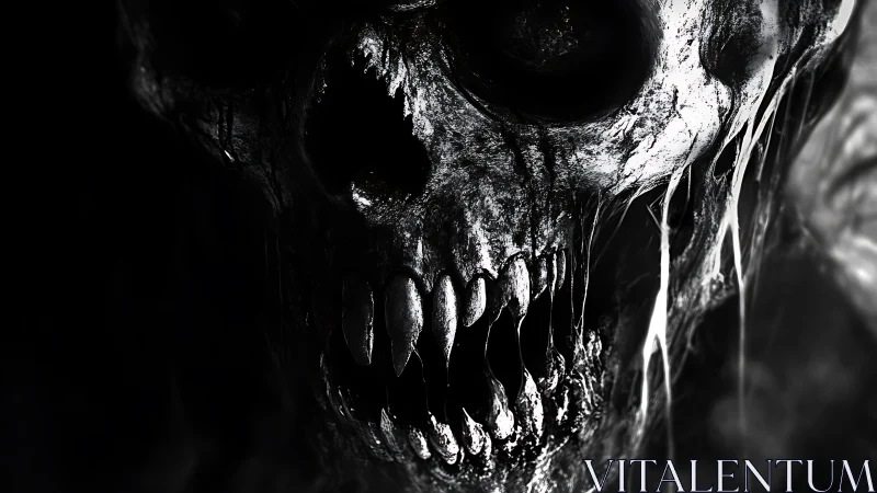 Decayed skull looms from darkness with jagged dripping teeth