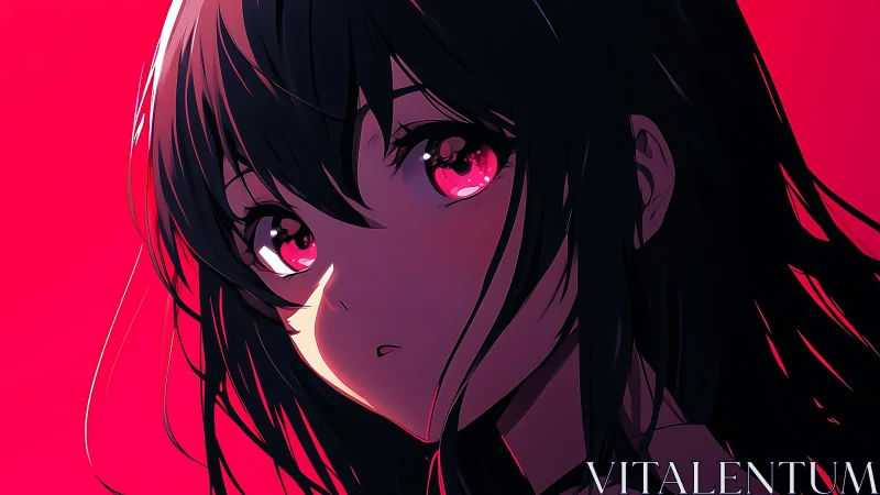 Anime portrait captures reflective gaze under neon red lighting