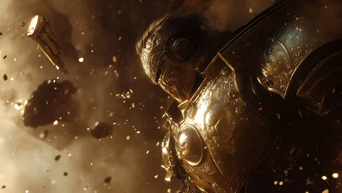 Gilded armored colossus rotating in debris-filled cosmic dust