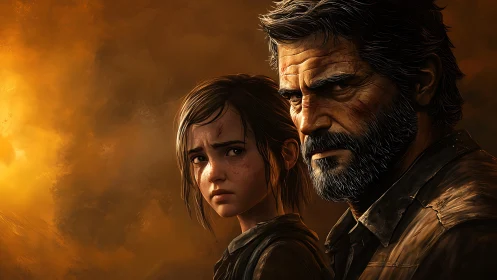 Two digitally rendered characters stand before an orange backdrop