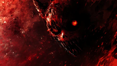 Digital painting of infernal skull entity in crimson void.