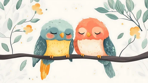 Cute Watercolor Owls on Branch in Whimsical Pastel Illustration.