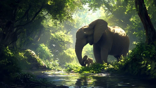 Elephant mother and calf walking through sunlit forest stream.
