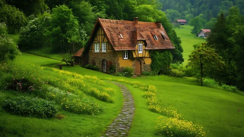 Tudor stone cottage on lush hillside with winding cobblestone path
