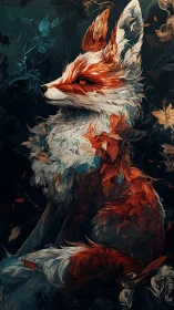 Mythic red fox sits poised in swirling floral shadows