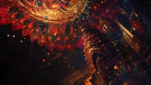 Digital mandala dome overlaps illuminated temple structure