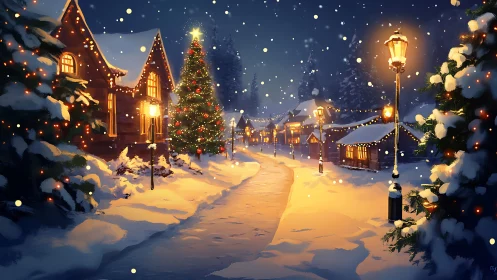 Snowy village street glows with warm Christmas lights at night