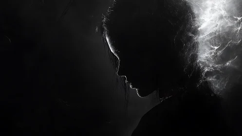 Silhouetted female profile emerging from shadowed smoke.
