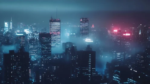 Foggy high rise city skyline lit by blue and pink lights