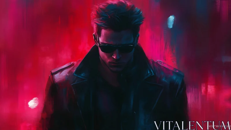 Brooding figure in neon light walks through a glowing night.